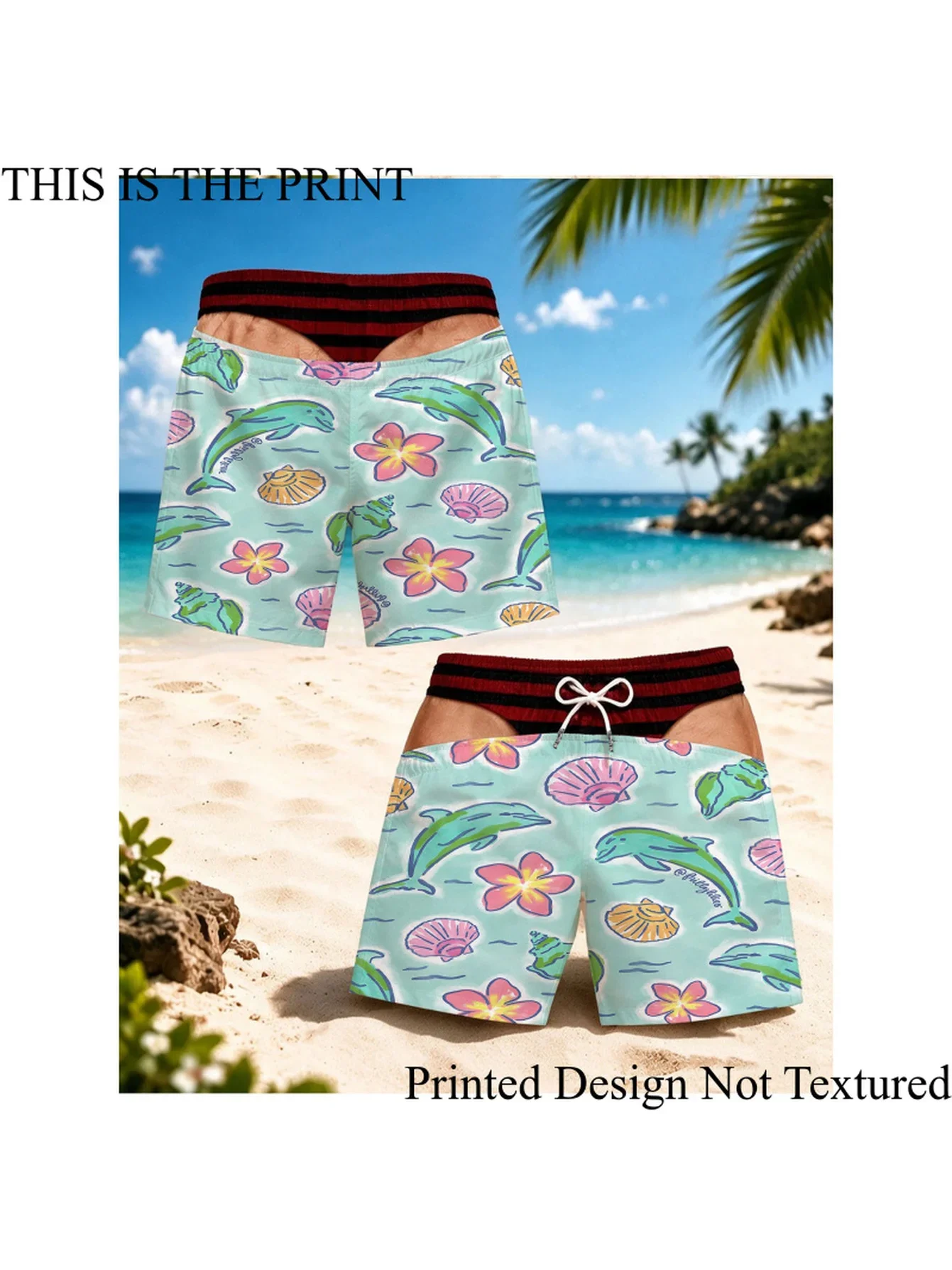 Novelty Metallic Gold Waist Ocean Turtle Stingray Starfish Fake Butt Cutout Print Mens Vacation Pool Swim Trunks