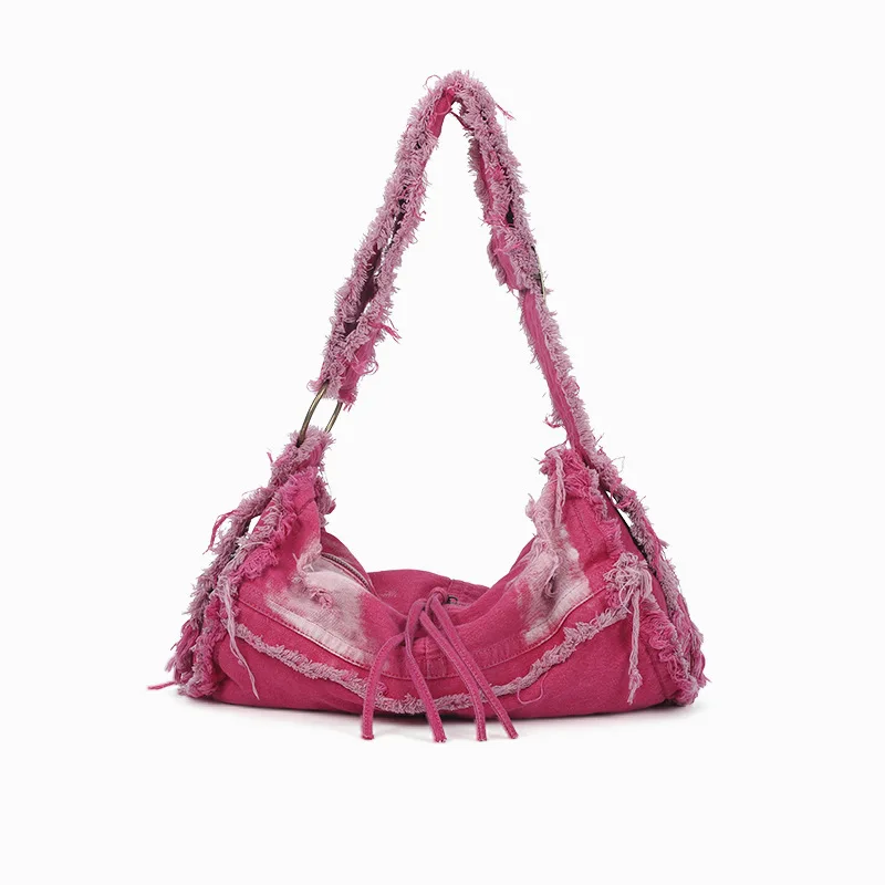 Washed Denim Tote Bag Women Fringe Tassel Crossbody Shoulder Purse Versatile Casual Daily Commute Handbag Unique
