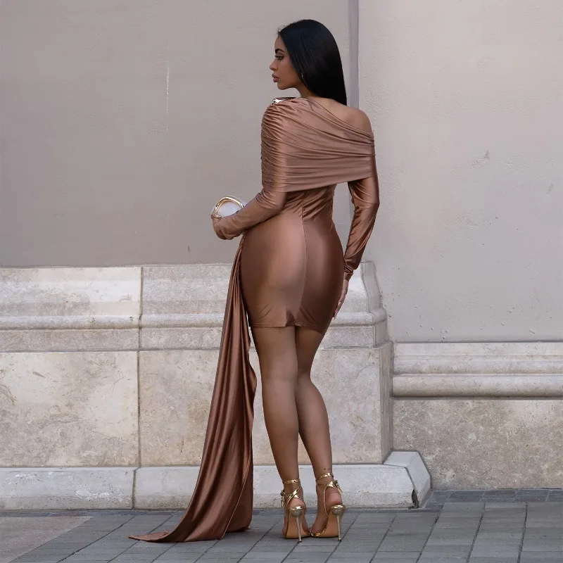 GUWU femmes Sexy couleur unie épaules dénudées ruban moulante Mini robe à manches longues automne hiver pansement robes courtes