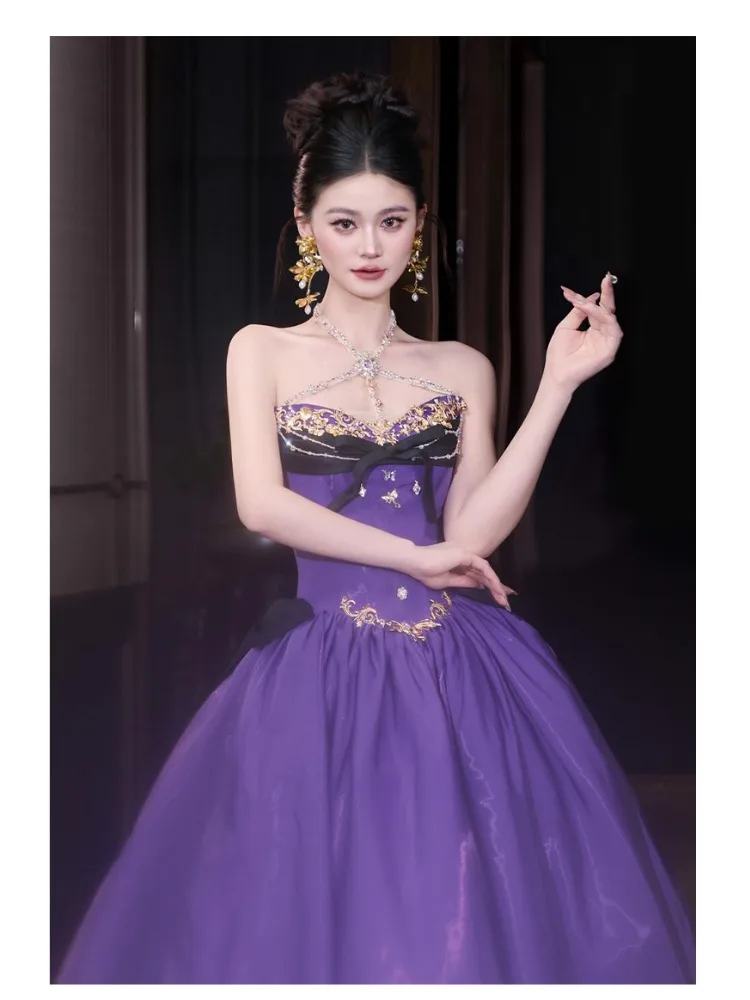 Abiti da ballo principessa viola Abiti da ballo in cristallo con scollo all'americana in metallo Decro Uva Abito da sera a linea con fiocco nero Abito formale per ragazza carina Nuovo