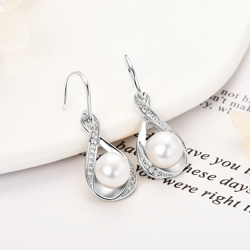 OXTAO D VVS1 infini Moissanite boucle d'oreille pendentif 8mm naturel perle d'eau douce en forme de pain balancent crochet boucles d'oreilles femme bijoux