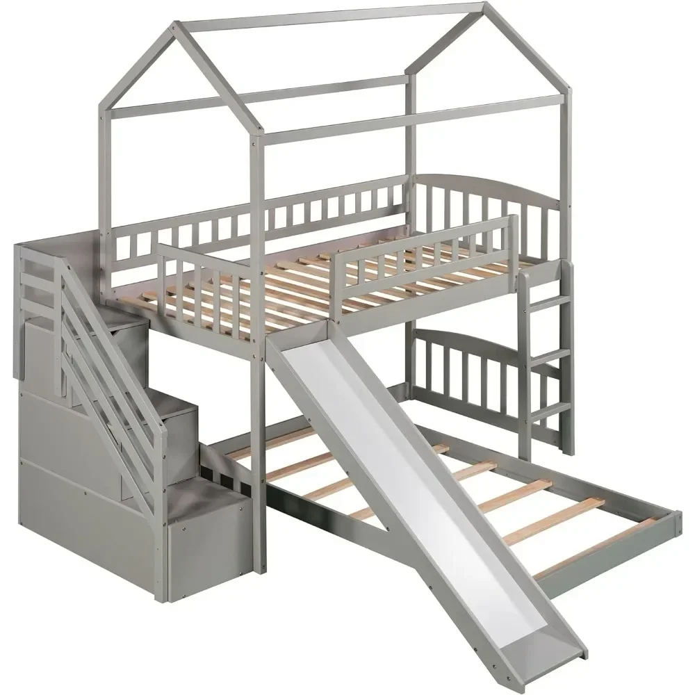 House Bunk Beds with Slide Wood Twin Bunk Bed with Stairs for Kids, House Bunk with Roof for Boys or Girls, No Box Spring Needed