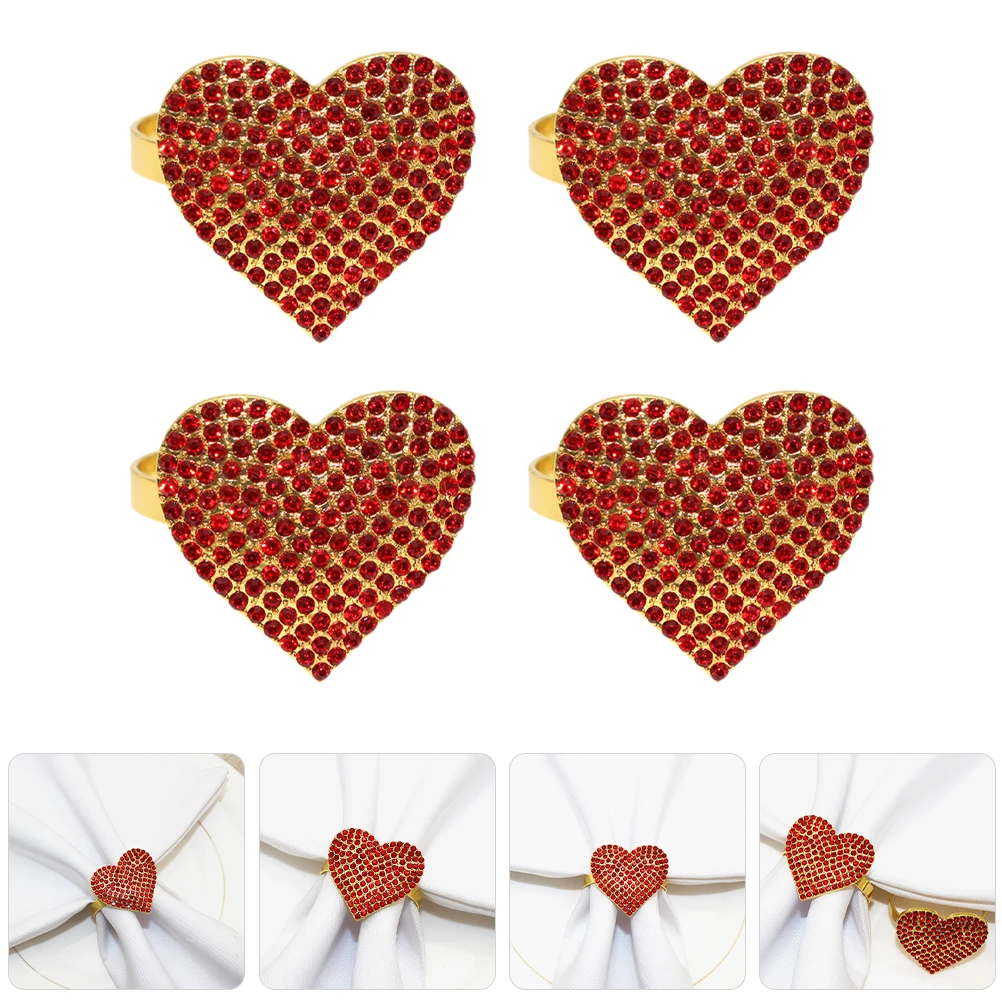 

4pcs Heart Rings Alloy Rhinestones Decorative Holders Wedding Party Table Decor Serviette Buckles Dining Napkin Clasps Festival