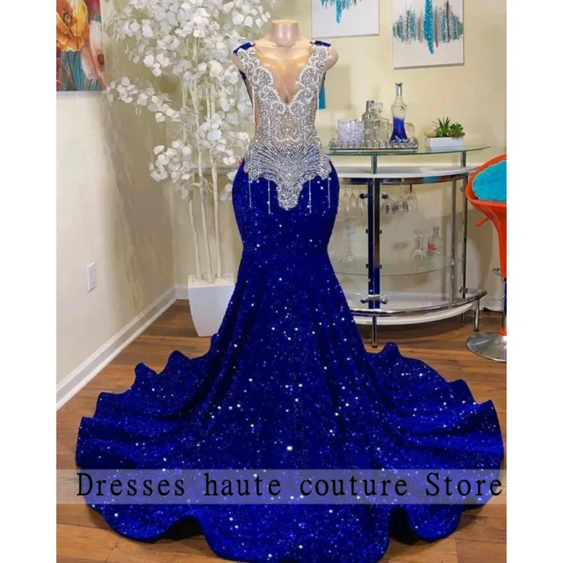 Abiti da ballo con strass blu royal Ragazze nere 2024 Abiti da gala da sera africani per feste di compleanno scintillanti con perline di lusso