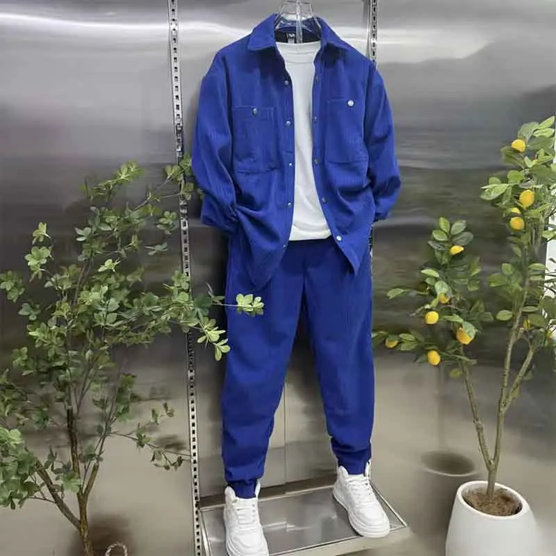 Fall New Men's Fleece Fashion Suit Versatile Shirt Jacket Straight-Leg Slacks Two-Piece Set