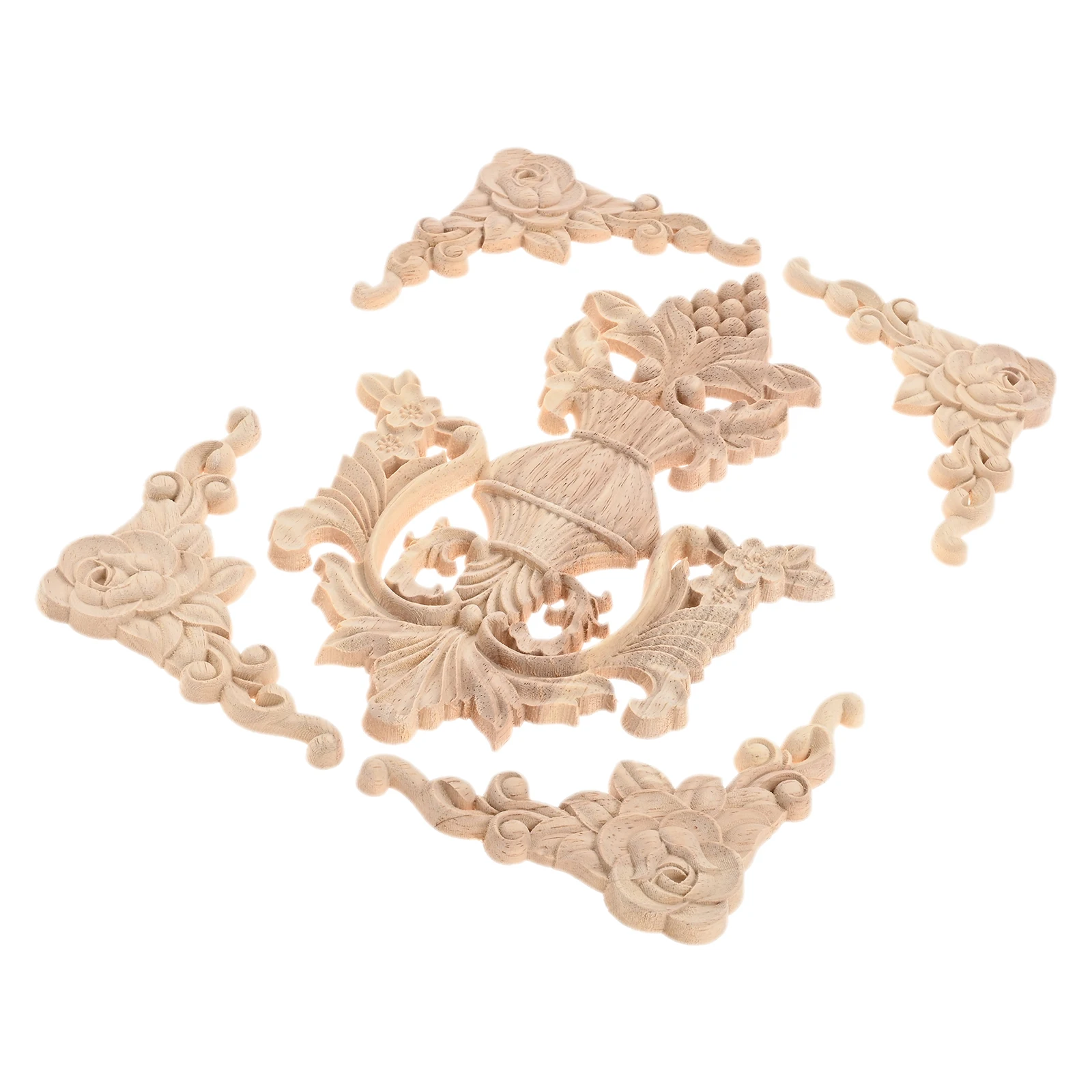 5pcs Wood Appliques Onlays Flower Corner Branch Grape Pattern 10-24cm 2-type Decor Door Cabinet Fireplace Home Hotel Restaurant