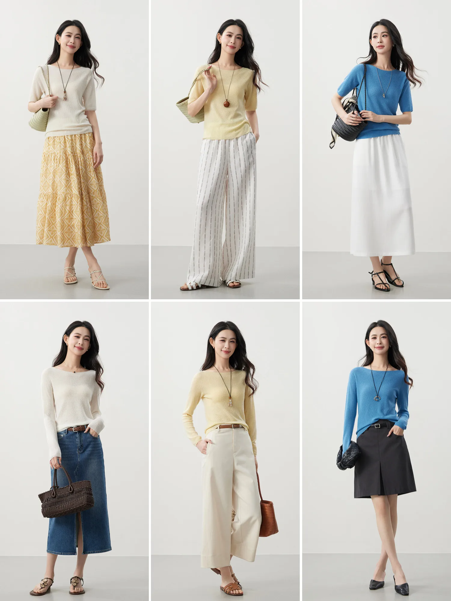 

100% Wool Fine Pearl Exure One-word Neck Long-sleeved Booming Shir 26 Spring New Pullover Thin Summer