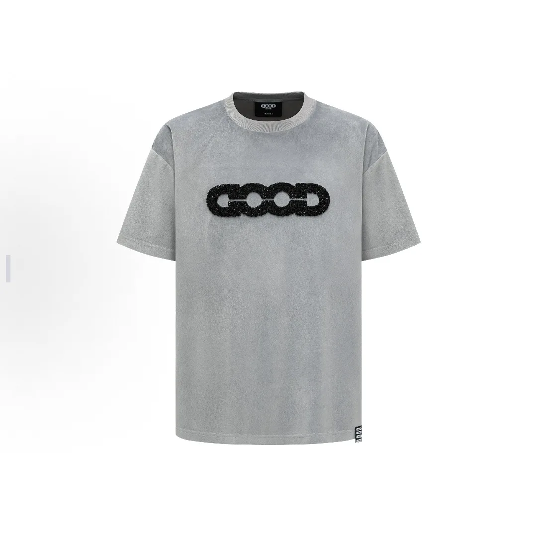 2026 Goodbrand Summer Collection GOOD Distressed Sequins Embroidered Lightweight High-Gloss Velvet Logo Short-Sleeve T-Shirt