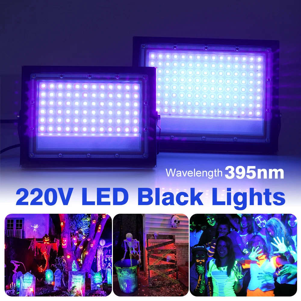 

УФ-прожектор LED 395 нм, 50 Вт/100 Вт, для сцены, черный свет, AC220V, с вилкой EU, уличный, водонепроницаемый, для флуоресцентных вечеринок, фоновая подсветка для сцены