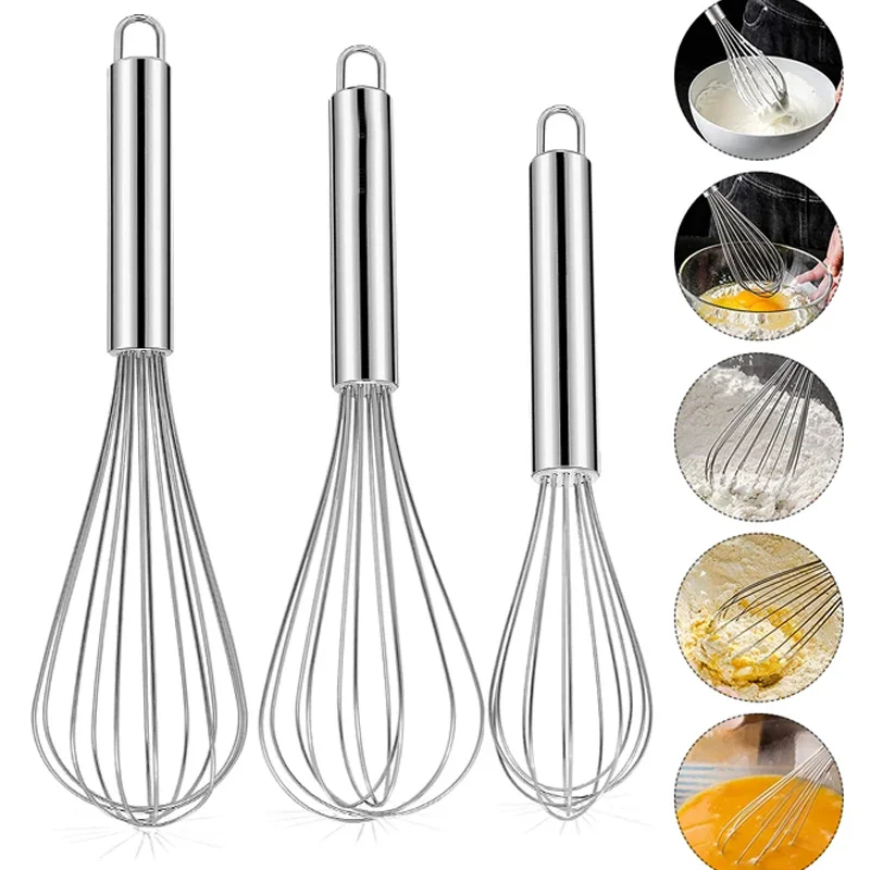 Premium Stainless Steel Manual Egg Beater with 6 Wire Whisks for Kitchen Balloon Whisking, Baking and Mixing - 8-10-12 Inch