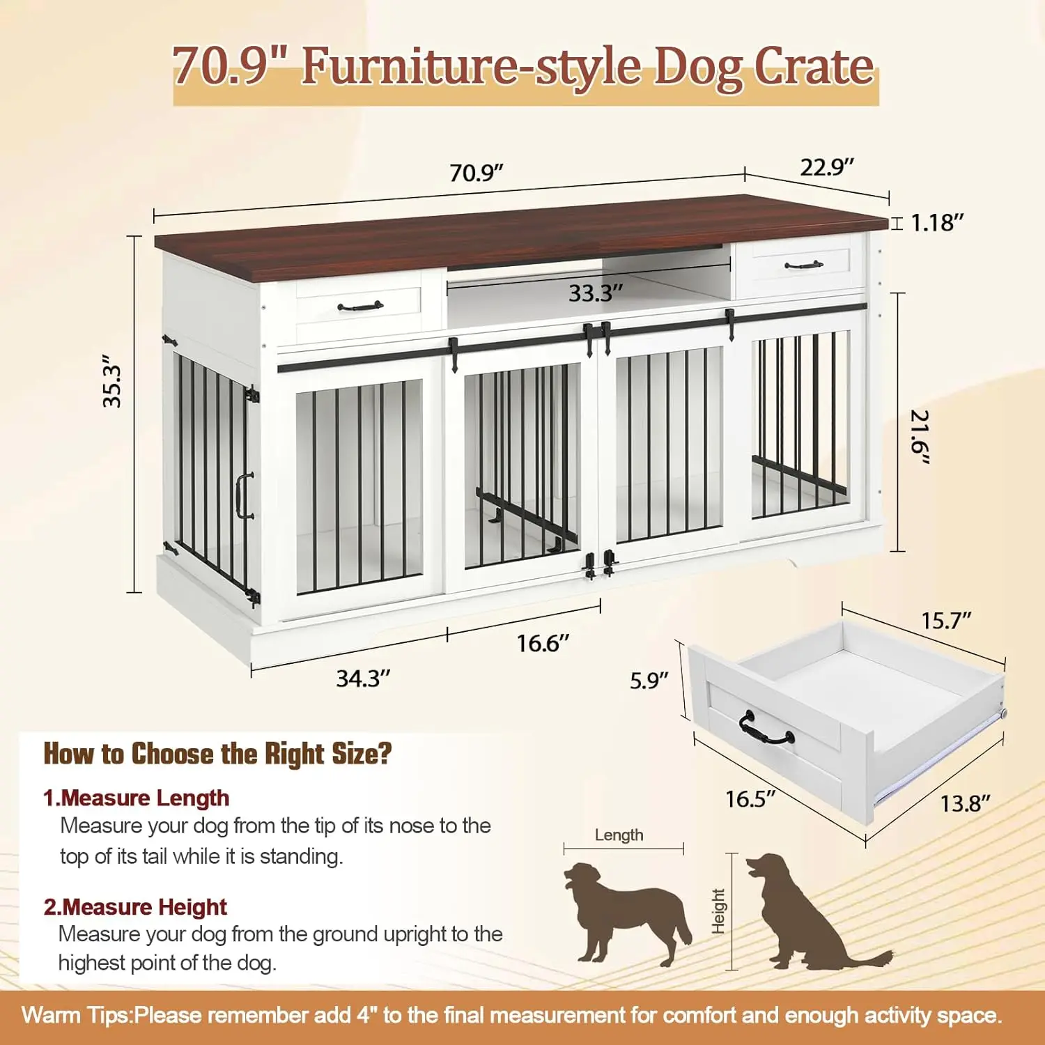 Meuble de caisse en bois pour 2 chiens, chenil d'intérieur extra large de 71 pouces avec perfecSync der, caisse de ferme robuste