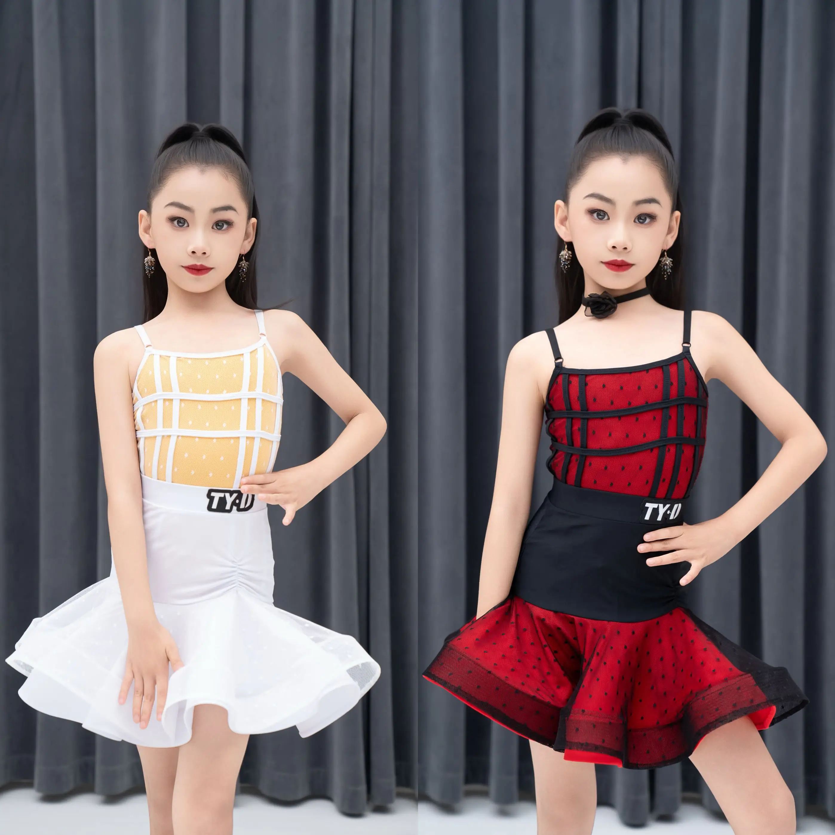

Summer Kids Latin Dance Clothes Girls Practice Dress Suspender Tops Skirt Fishbone Dress Suit Cha Cha Performance Wear DNV24136