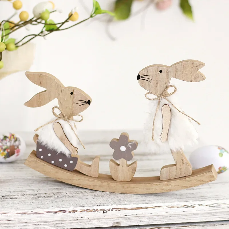 

Easter Wooden Rabbit Ornaments Standing Bunny with Flower for Spring Easter Party Home Table Decoration DIY Crafts Supplies