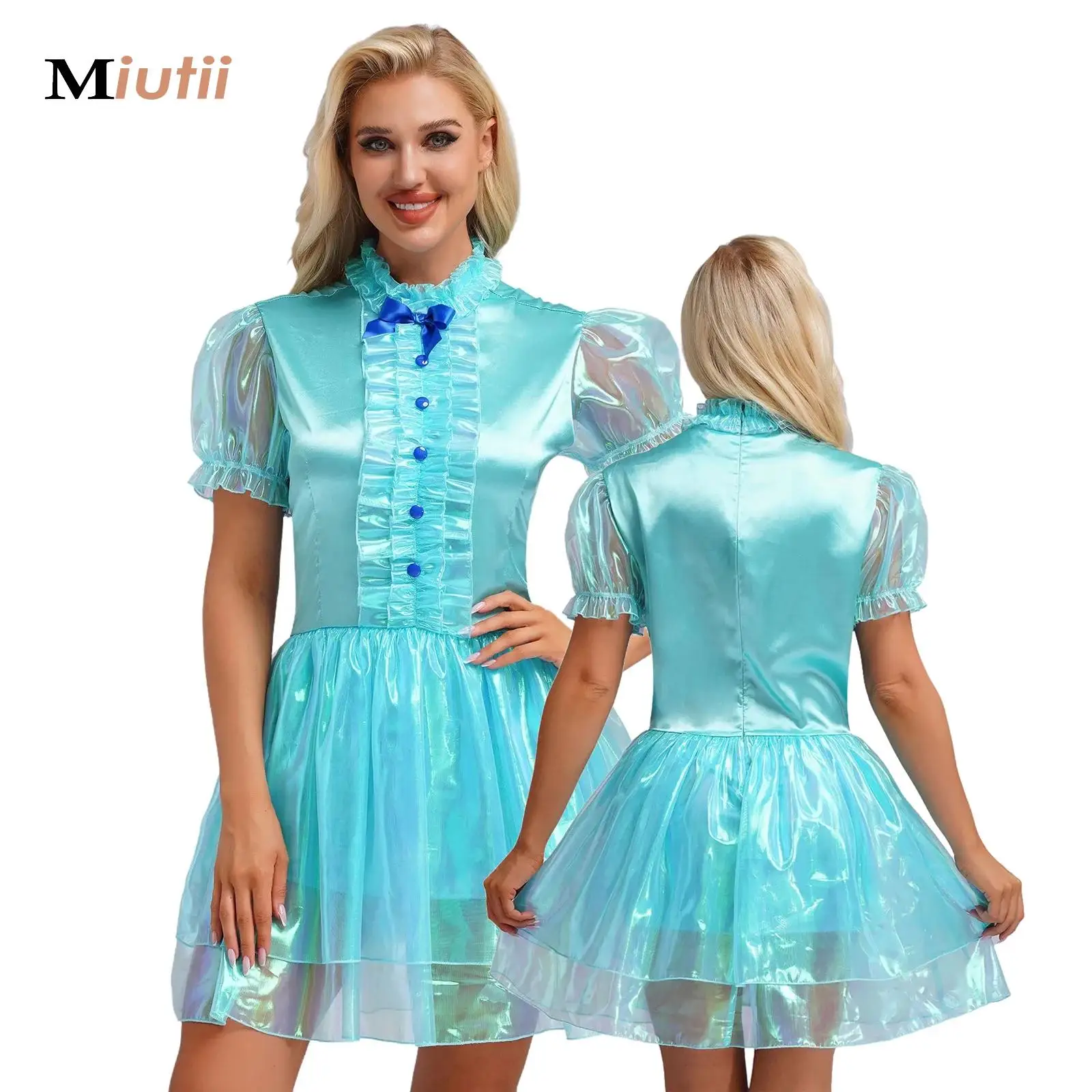 

Women Maid Lingerie Dress Puff Sleeve Sparkly Puffy Dress Cute Tiered Dress Lolita Halloween Party Waitress Role Play Costumes