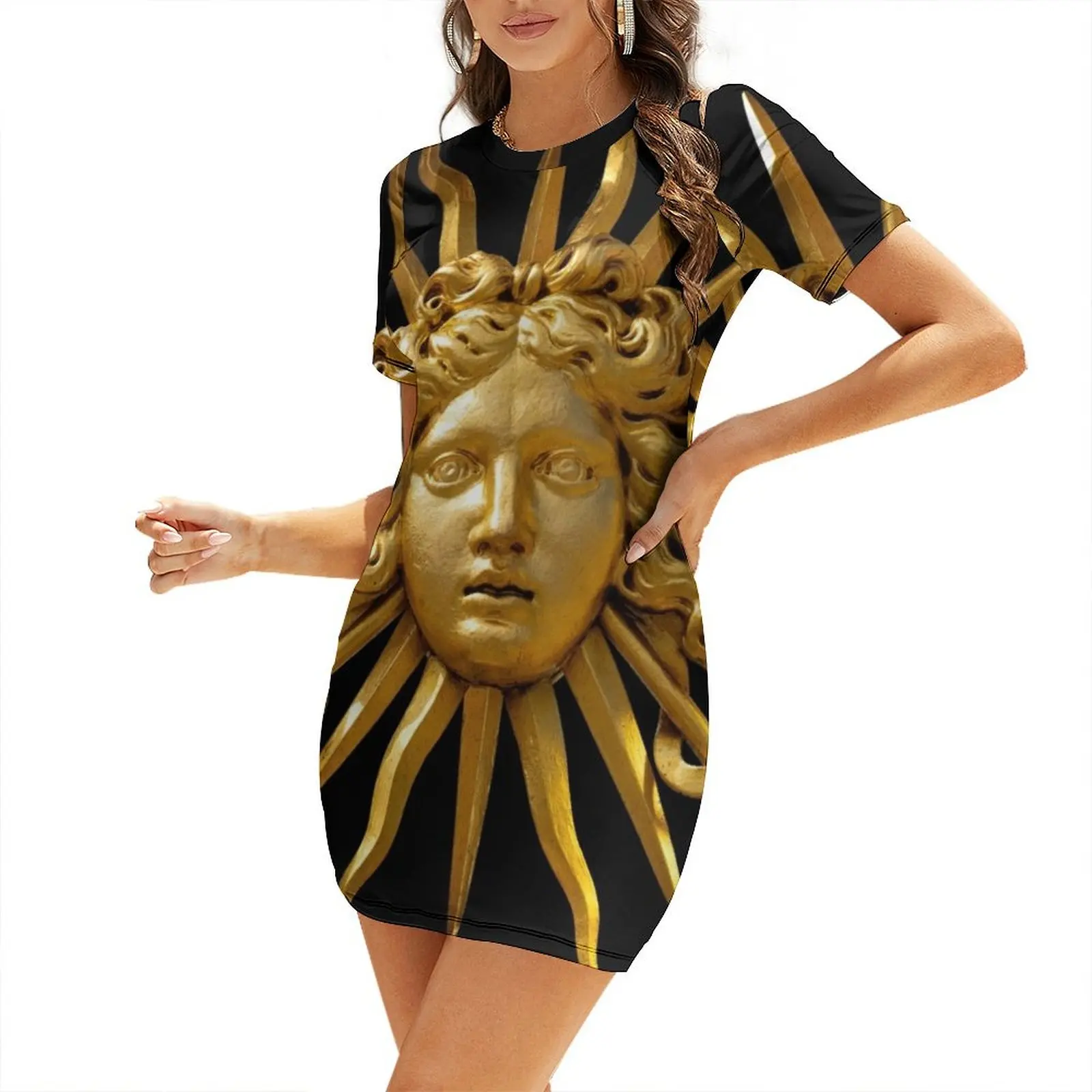 

Symbol of Louis XIV the Sun King - Black Background Short Sleeved Dress dress korean style fairy dress