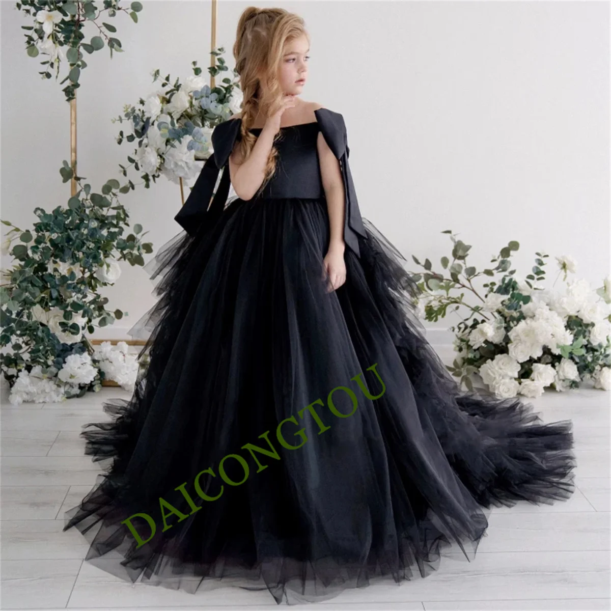 Vestido de menina de flor de tule preto personalizado para casamento com arco manga curta até o chão festa de aniversário infantil vestidos de baile de princesa