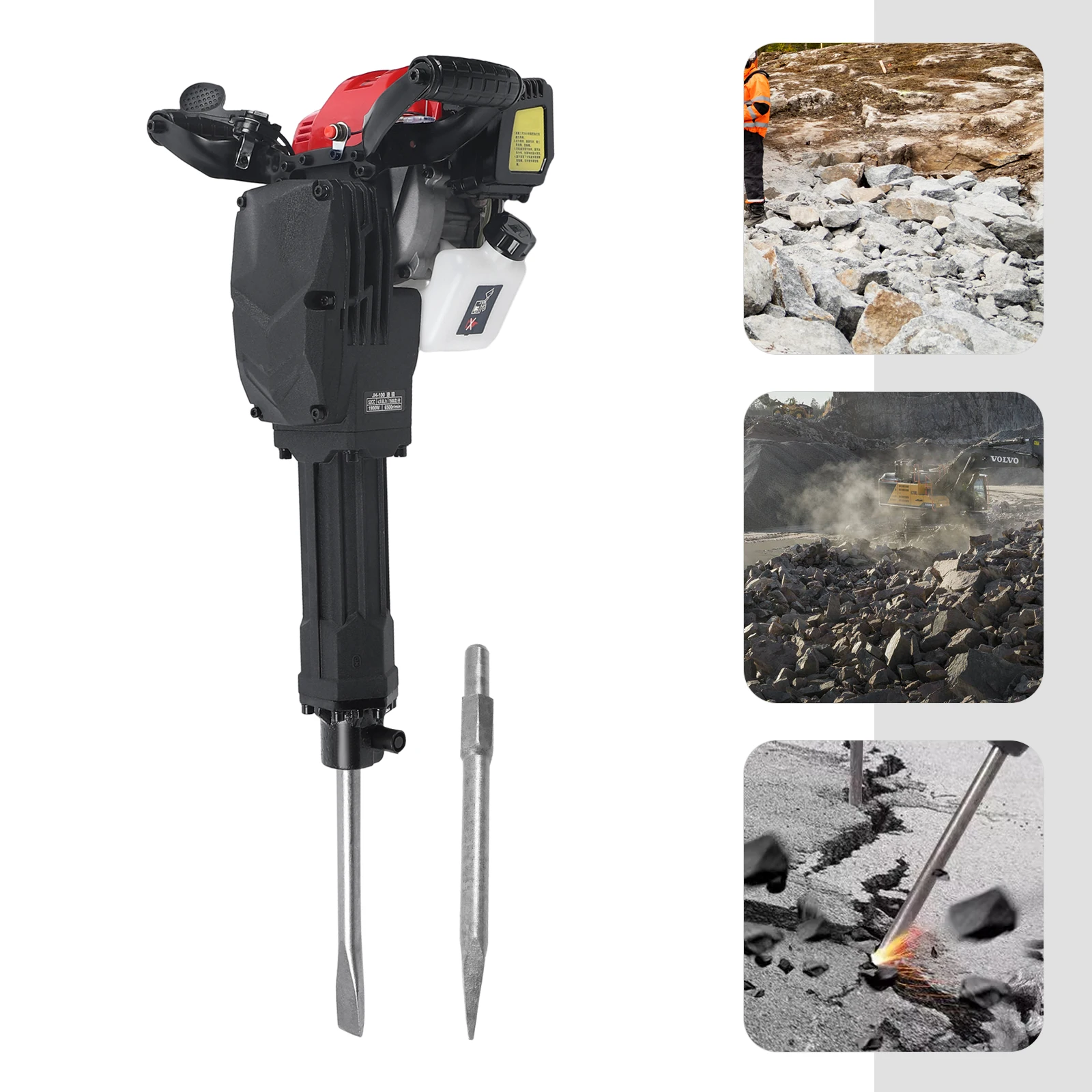 

2 Chisel 1900W Concrete Breaker Punch Drill Air Cooling 52CC Gas Powered Demolition Jack Hammer