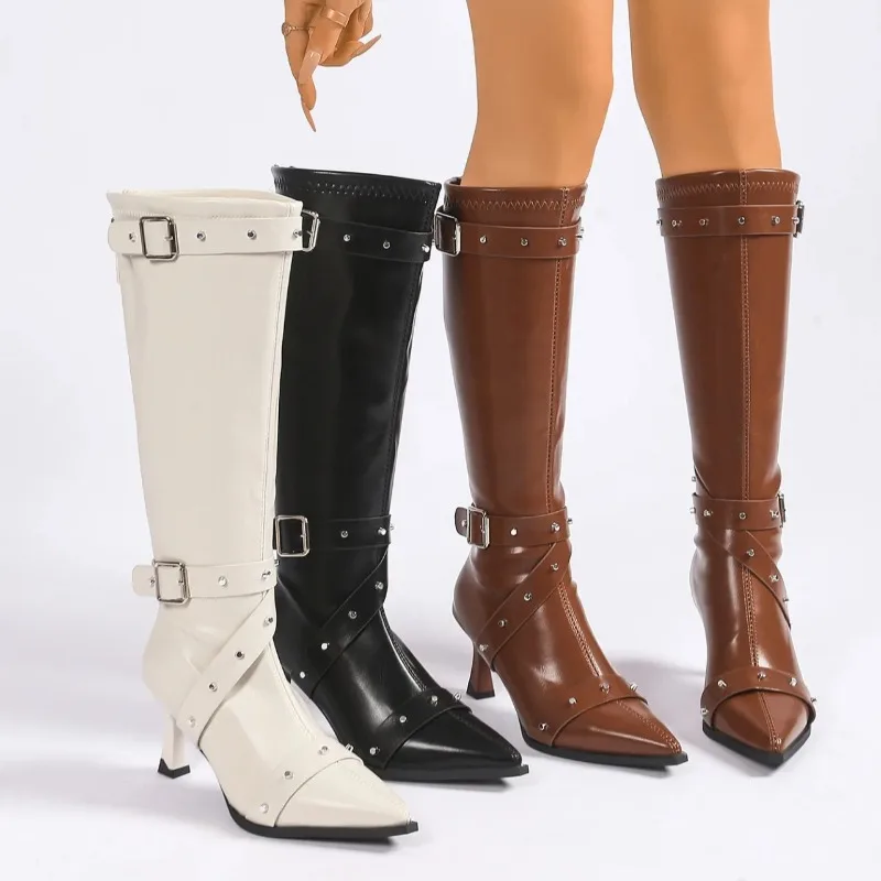 

Women's Knee High Boots Temperament Pointed-toe Slimming Long Tube Boots Fashion Belt Buckle Designer Women's High-heeled Boots