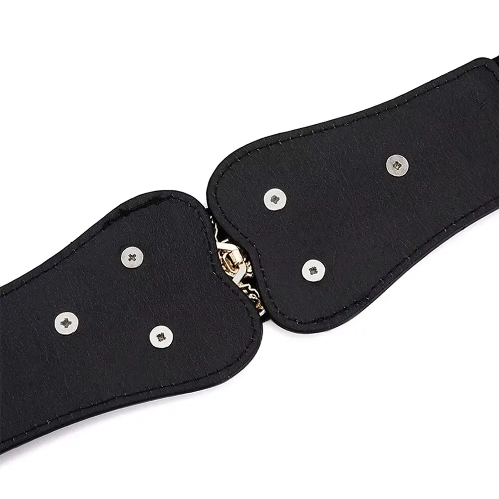 Damen-Taillenabdeckung, modischer Blattgold, elastischer Taillenverschluss mit doppelter Hakenschnalle, breiter Gürtel, gepaart mit Rock, Damengürtel – Detail 4