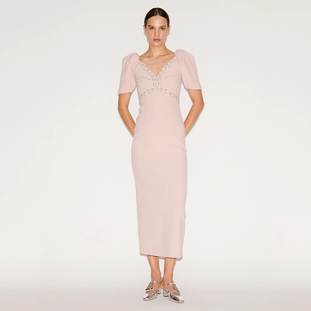 

Коктейльные платья колонны для женщин с кристаллами и V-образным вырезом с короткими рукавами Коктейльные платья миди с разрезом сзади Чайная длина Элегантные вечерние платья