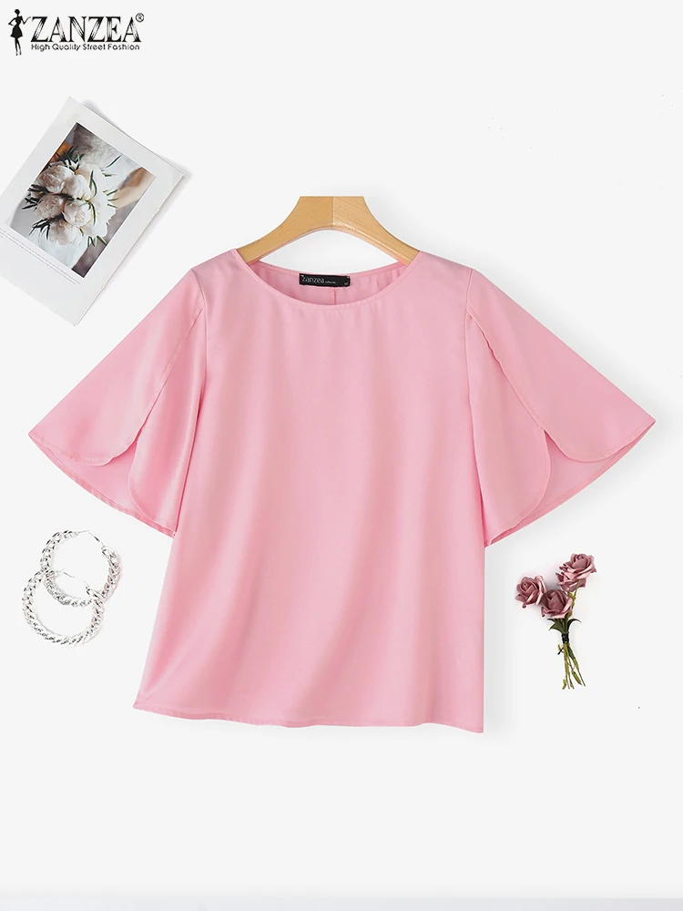 

ZANZEA Women Blouse Solid Color Tunic Tops 2025 Summer Hlaf Flare Sleeve Casual Shirts Vintage Round Neck Loose Blusas Femininas