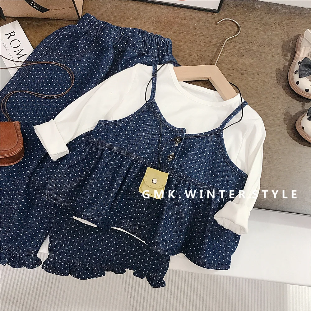 Girl's Western Style Loose Autumn Dot Denim Three Piece Set, Baby's New Spring Style Set, Girl's Autumn Outfit