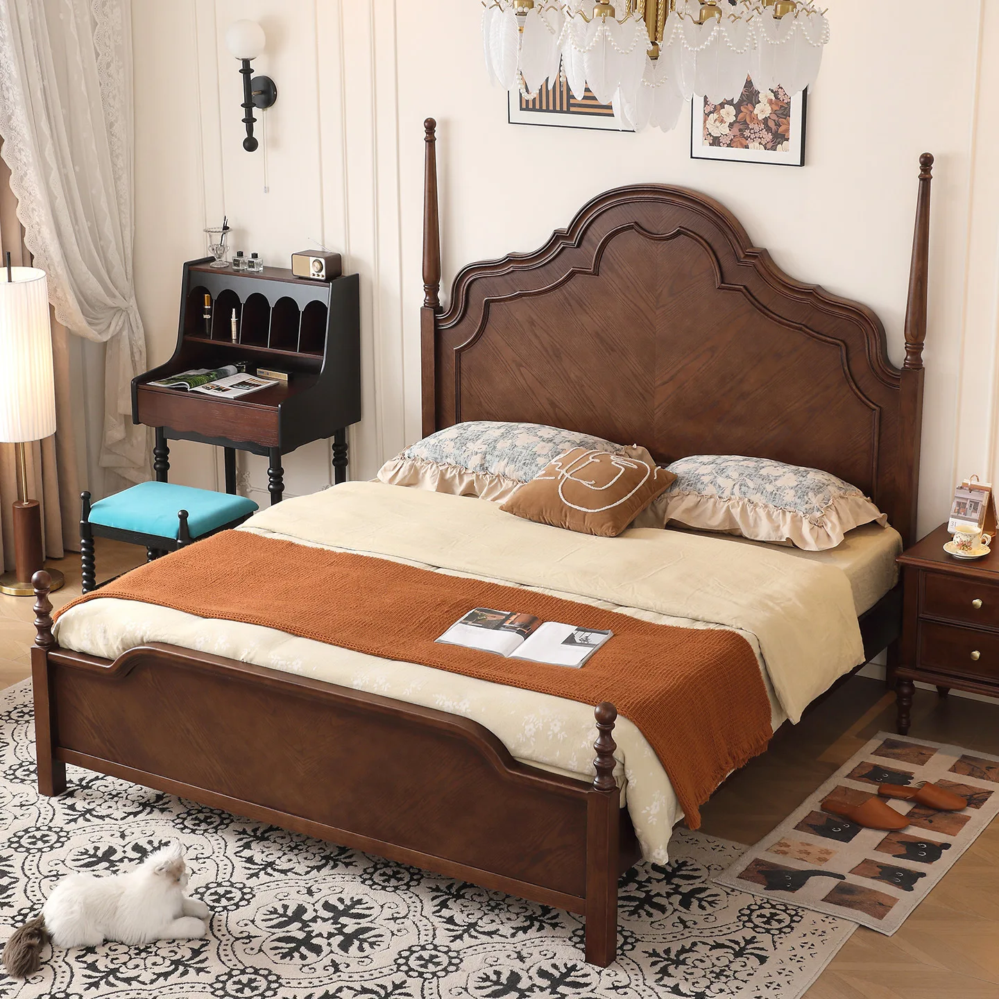 French medieval style solid wood bed American Nanyang retro style master bedroom Anna high screen bed