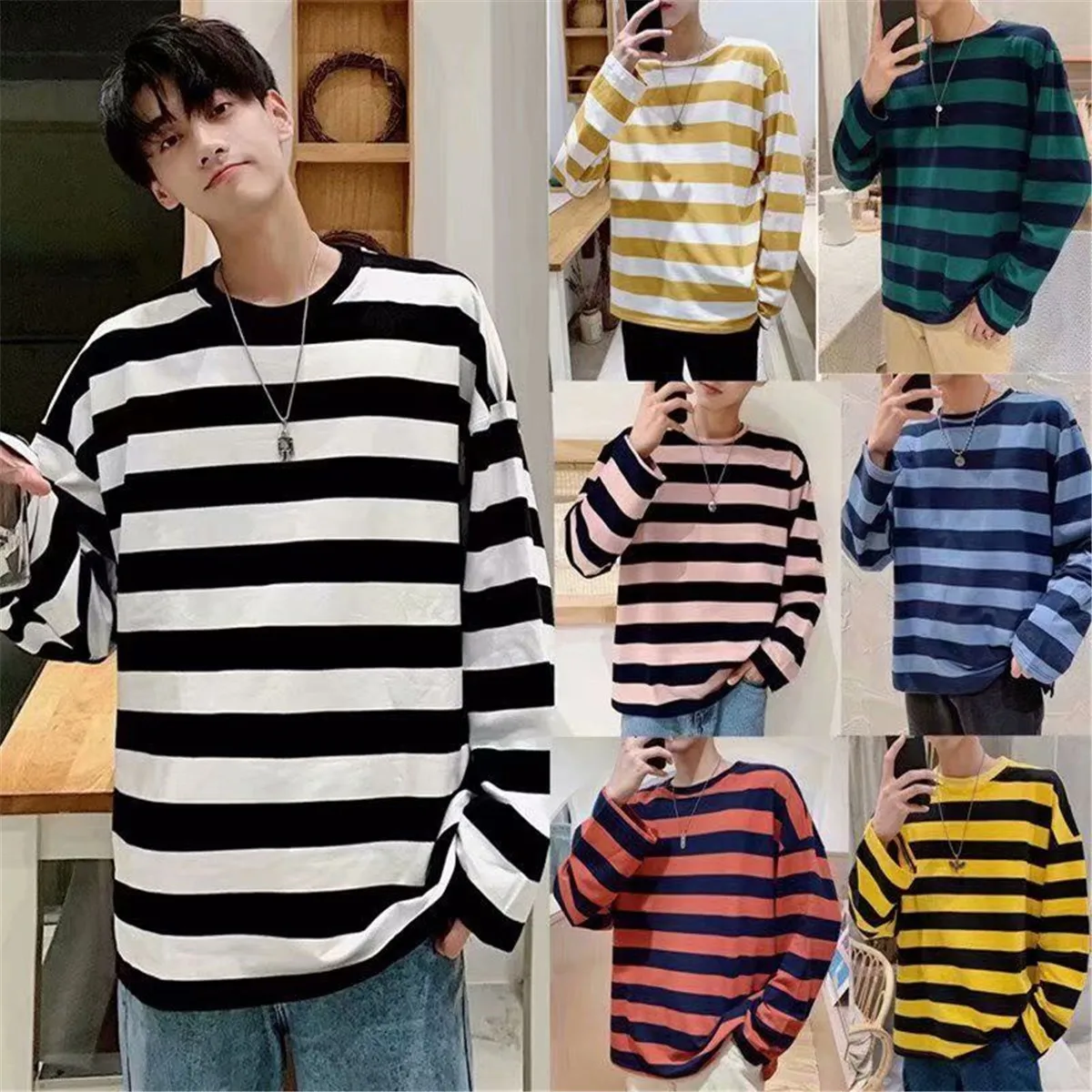 Fashion Punk Men Harajuku Black Red Striped Male Loose Oversized Long Sleeve Summer Boys Tees Retro T Shirt Punk Clothes Boys