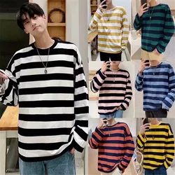 Fashion Punk Men Harajuku Black Red Striped Male Loose Oversized Long Sleeve Summer Boys Tees Retro T Shirt Punk Clothes Boys