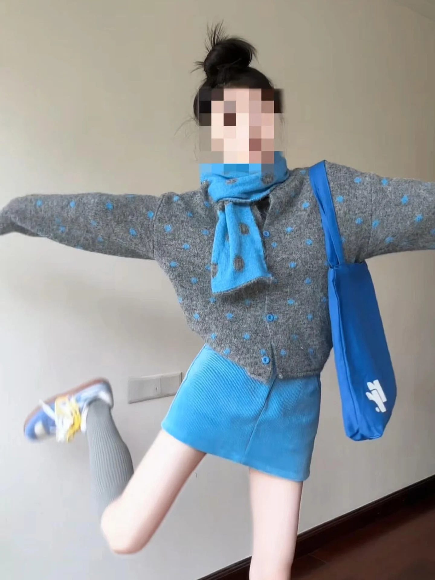 

Retro Polka Dot Blue Knitted Sweater Cardigan Women's Autumn Winter ey Top Scarf Two Piece Set Soft Comfortable Long Sve