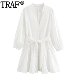 TRAF Embroidery Shirt Mini Dress Belt Cut Out White Dresses Woman Long Sleeve Short Dresses Women Button Casual Elegant Dresses