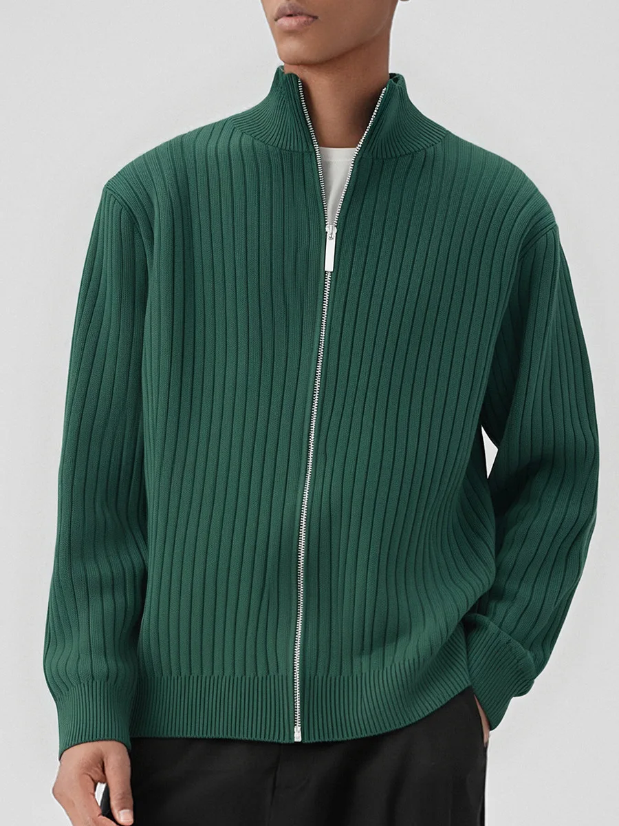 

Men's High Collar Zipper Knitted Sweater Cardigan Versatile Casual Wear Polyester Fiber Long Sve Loose Fit Autumn Winter