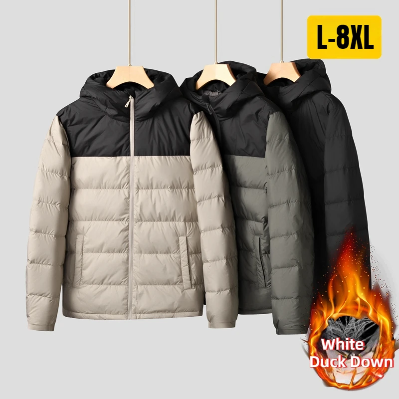 

Plus Size 8XL White Duck Down Hodoed Men's Jackets Luxury Contrast Color Autumn Winter Male Coats Fashion Casual Man Overcoats