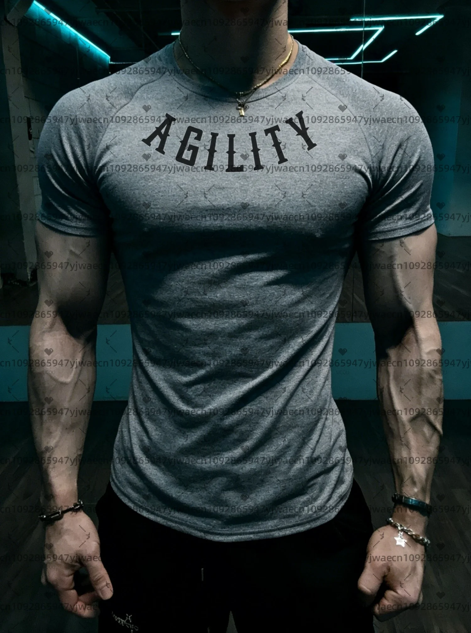 Camiseta de Treino de Poliéster com Estampa AGILITY para Homens, Manga Curta, Tamanho Plus, para Academia, Verão 2026, Camisetas Masculinas e Feminina