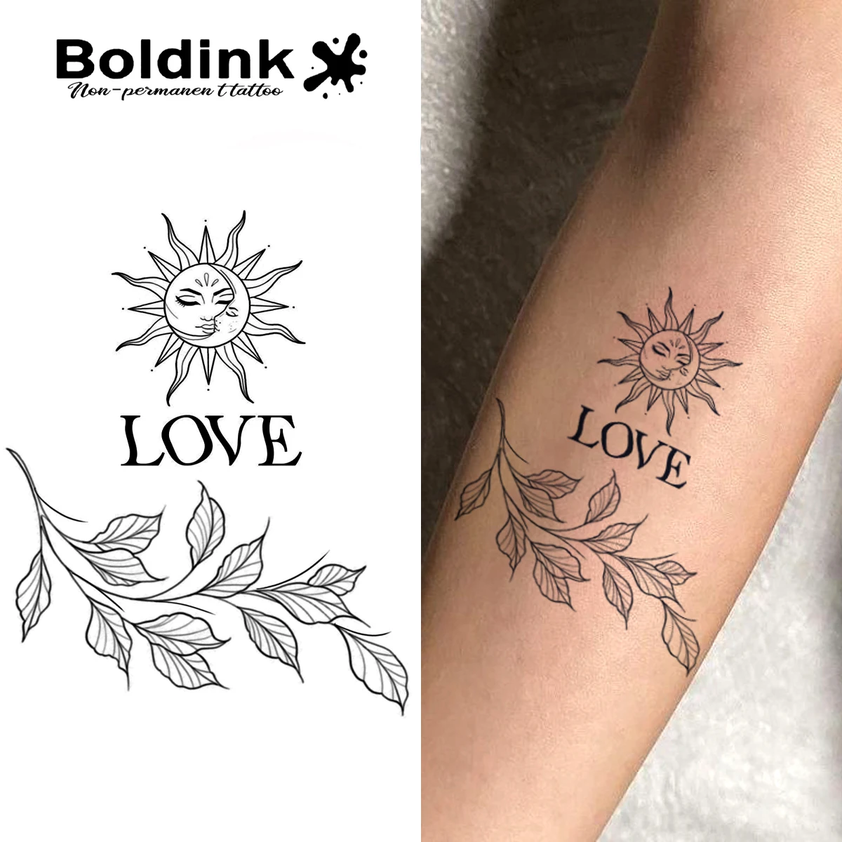 Boldink Sun and Love Botanical Design Temporary Tattoo,Lasts To 15 Days New Technology Magic Waterproof Semi Permanent Sticker.