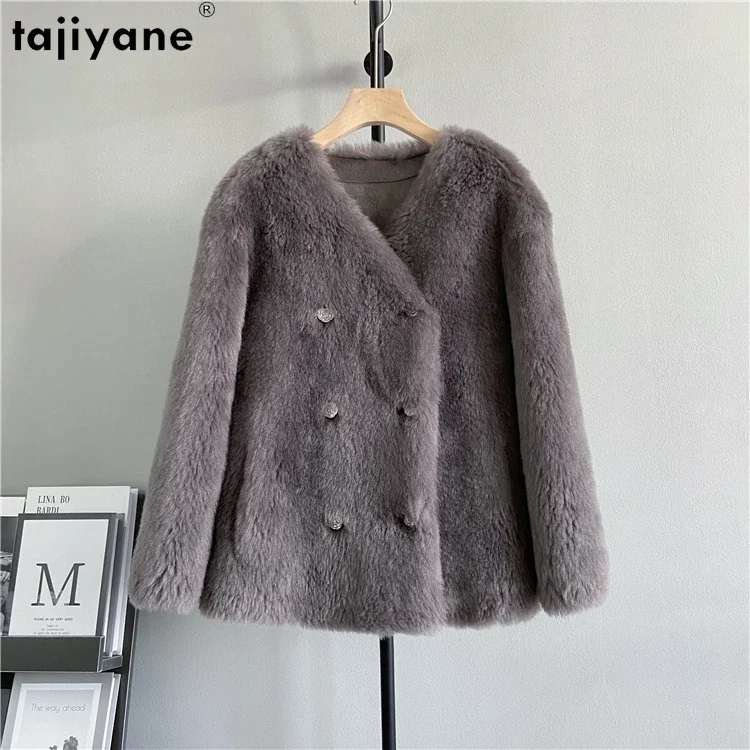 Fujiyane jaket cukur domba elegan baru mantel wol murni musim dingin 100% mantel bulu pendek Double Breasted Veste Femme