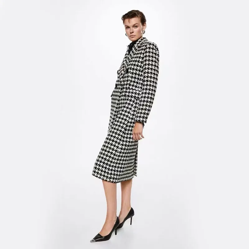 Mode Houndstooth Faux Wollen Jas Vrouwen Herfst Koreaanse Elegante Single Breasted Lange Overjas Winter Dikke Warme Mix Bovenkleding