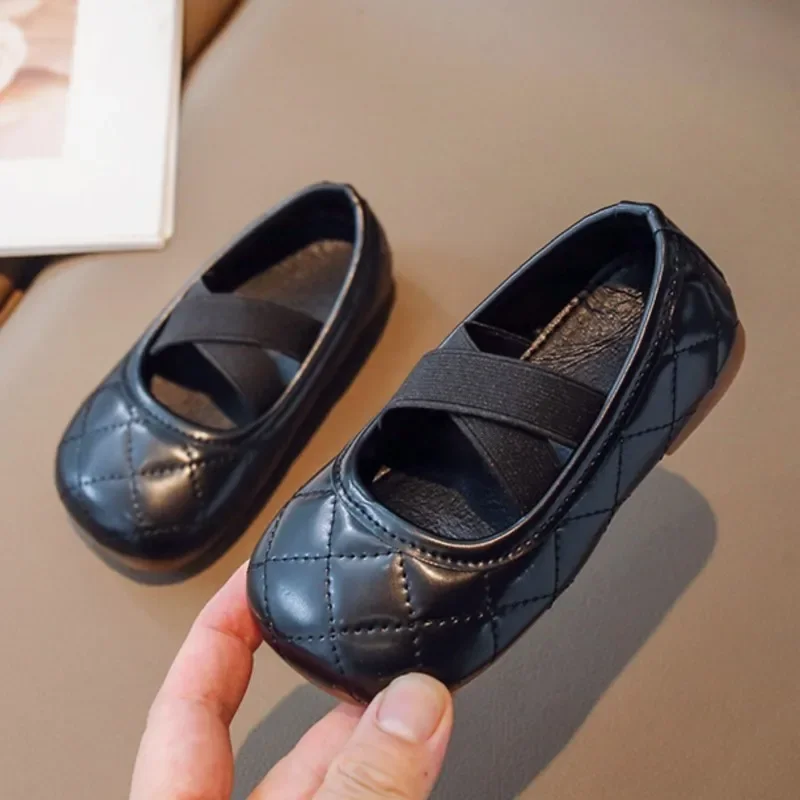 Girls Wedding Shoes Rhombic Grid Boat Shoes Square Toe Elastic Band Leather Shoes Children's Slip on Kids Flats Toddlers