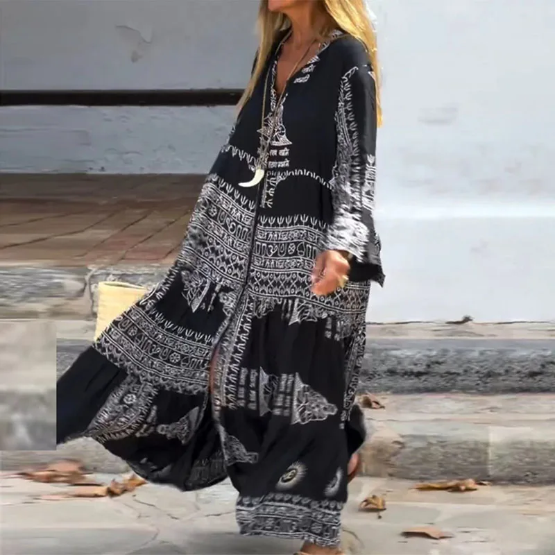 Woman V Neck Single Breasted Loose Boho Dress Spring Pattern Print Ethnic Vintage Dress Autumn Long Sleeve Belted Vacation Dress