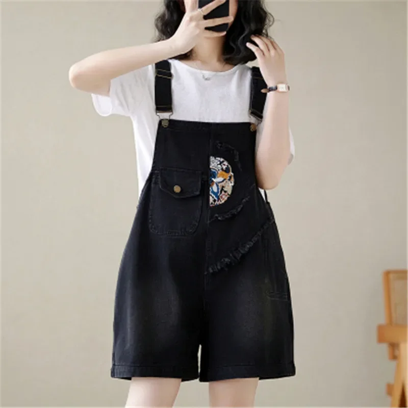 Retro Chinese Style Embroidery Denim Jumpsuit Summer 2024 Fashion Versatile Women Loose Fit Slim Design Jeans Romper Femme