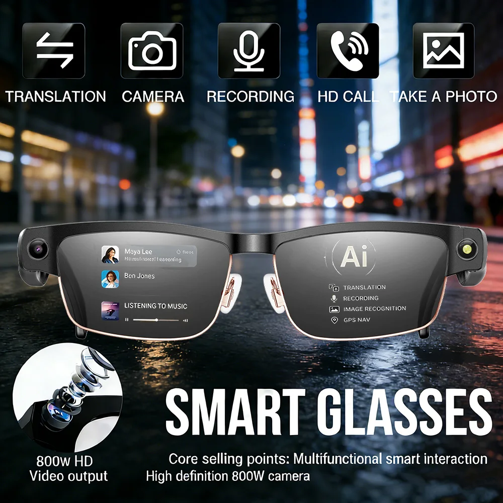 

2026 New 800W Camera 1200P anti-shake HD Video Al Smart Glasses Recording Translation Voice Assistant Music BT Call SmartGlasses