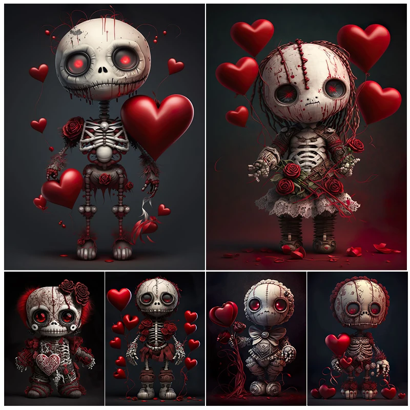 Voodoo Doll Valentine\'s Day Red Heart Balloon Posters and Prints Canvas Printing Wall Art Picture for Living Room Home Decor