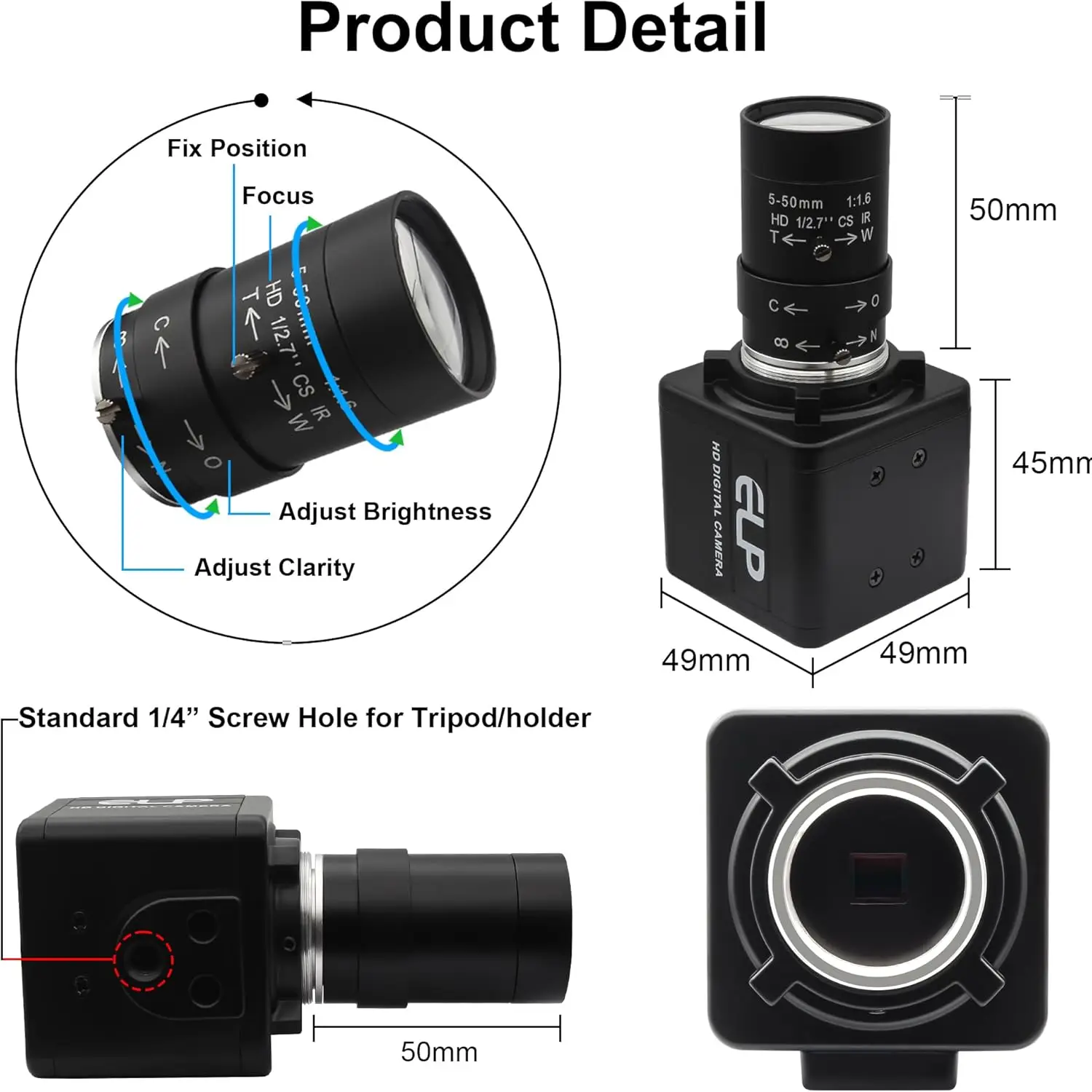 كاميرا USB ELP 16 ميجابكسل مع عدسة Varifocus اليدوية CS Mount 5-50 مم، كاميرا تكبير 10X، توصيل وتشغيل مجاني لـ Linux MAC