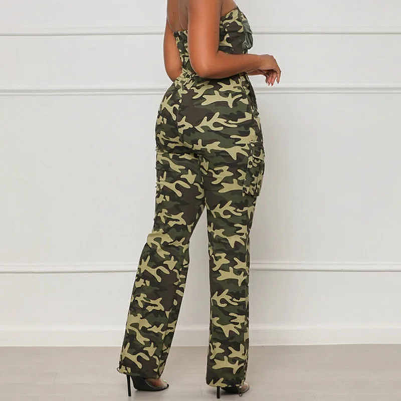 DEAT 2024 Winter New Camouflage Off Shoulder Zipper Bodysuits For Women Gathered Waist Straight Jumpsuits Female 33A2316