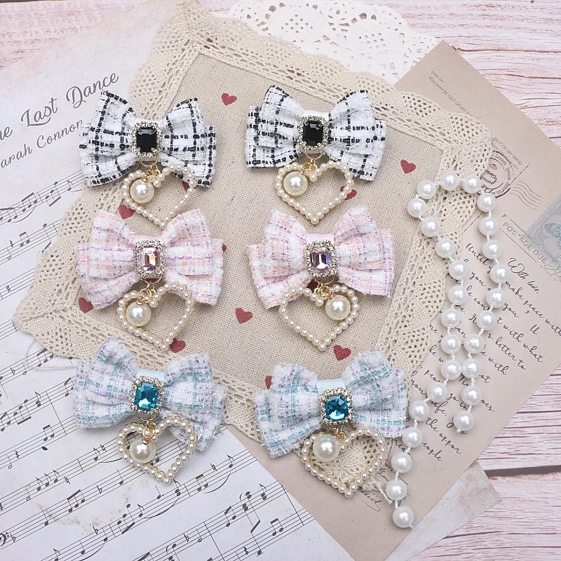 1 Pair Pastel-toned Classic Tweed-inspired Women's Hair Accessories Lolita Girl's Hairclip Bow Pearl Pendant Elegant Barrettes