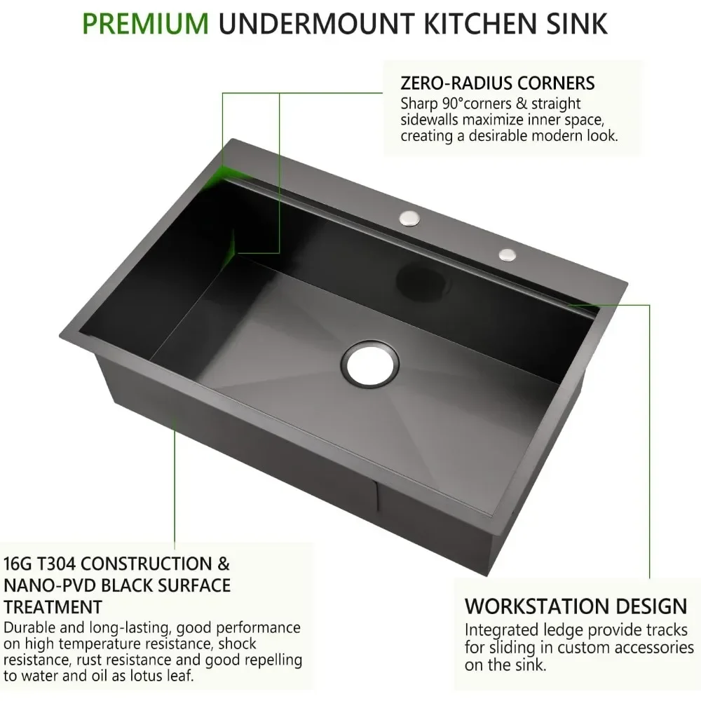 Imagem -03 - Black Single Bowl Worksation Kitchen Sink Gota em Pias de Aço Inoxidável 33x2 Polegada 16 Calibre