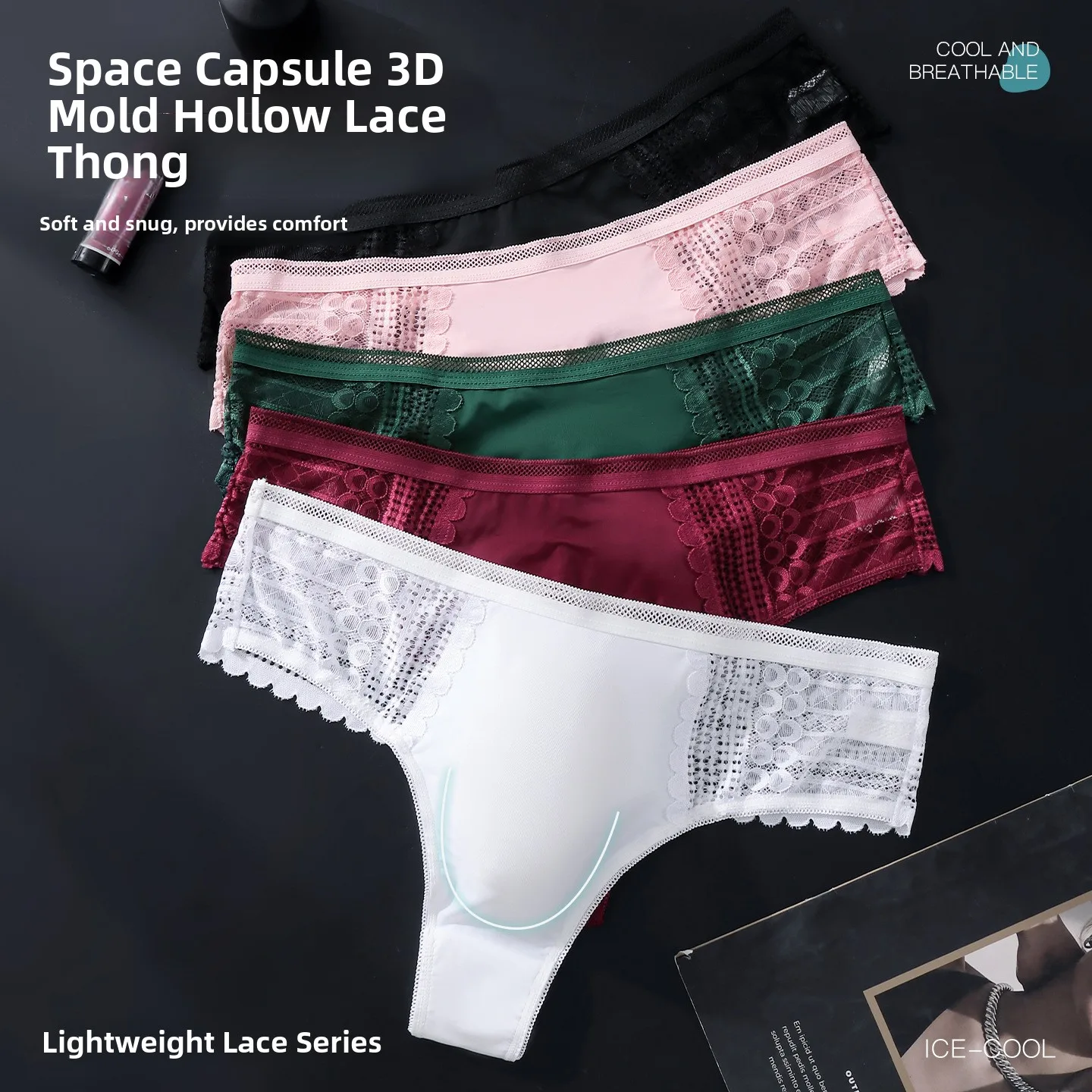 Men's Sexy Hollow Lace T-Back Underwear Ice Silk Seamless Breathable Single Layer Pouch T-Pant Lightweight Quick Dry Innerwear