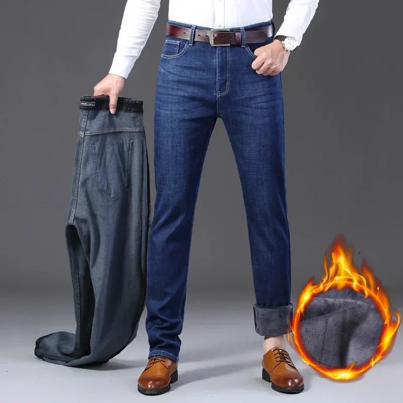 Men Winter Fleece Denim Jeans Straight Fit Stretch Jeans Smart Casual Pants High Quality Men Thicker Warm Black Jeans Trousers44