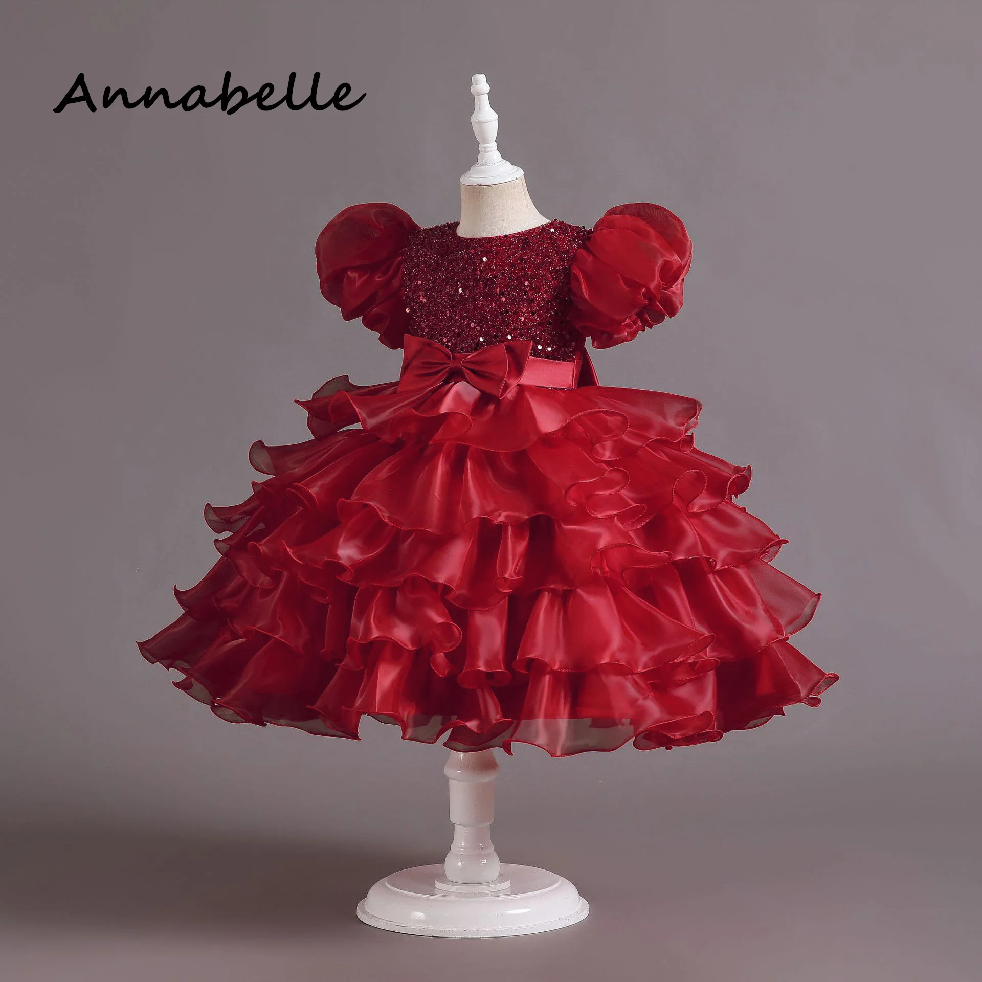 Annabelle Flower Girl Bridesmaid Bow Dress For Weddings Birthday Party Kids Lace Puffy Luxury Elegant Christmas Princess Dresses