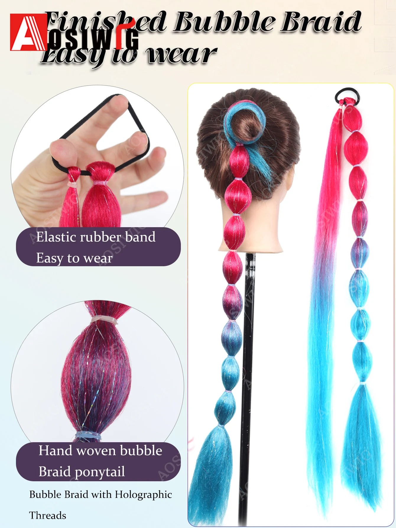 1Pc Laser Glitter Bubble Twists Braiding Hair Ponytail Synthetic Heat Resistant Hair Extensions Lantern Braid Hair For Women Cos